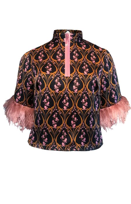 Oberteil aus Seide mit Federn Print rose