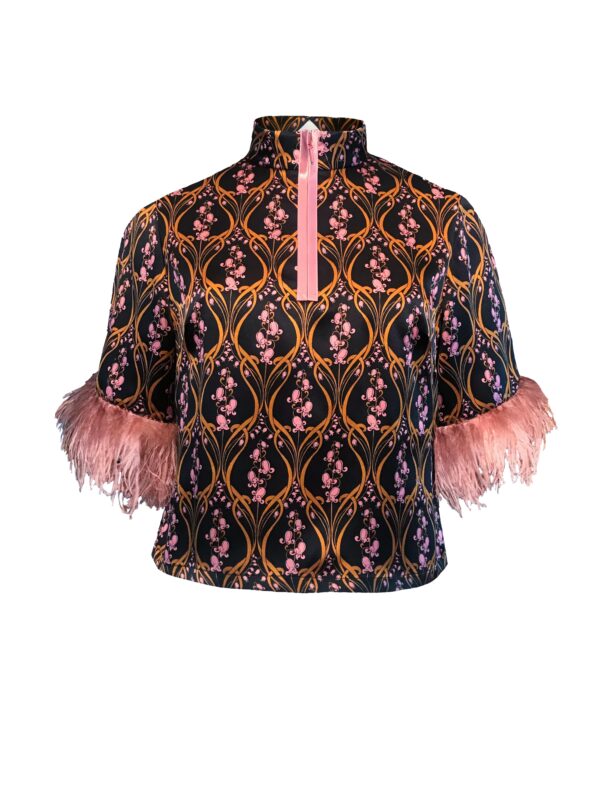 Oberteil aus Seide mit Federn Print rose