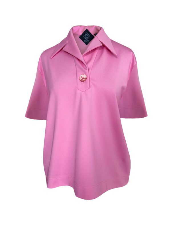 modernes Poloshirt mit Perlmutt Knopf kurzarm pink