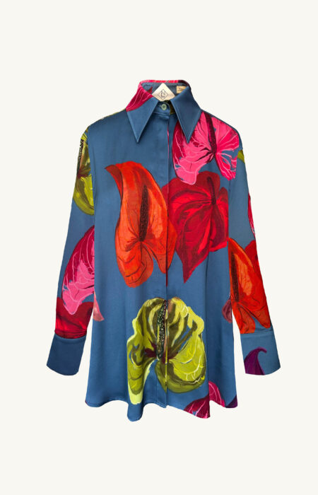 Hemdbluse mit Flamingoblumen Print oversized