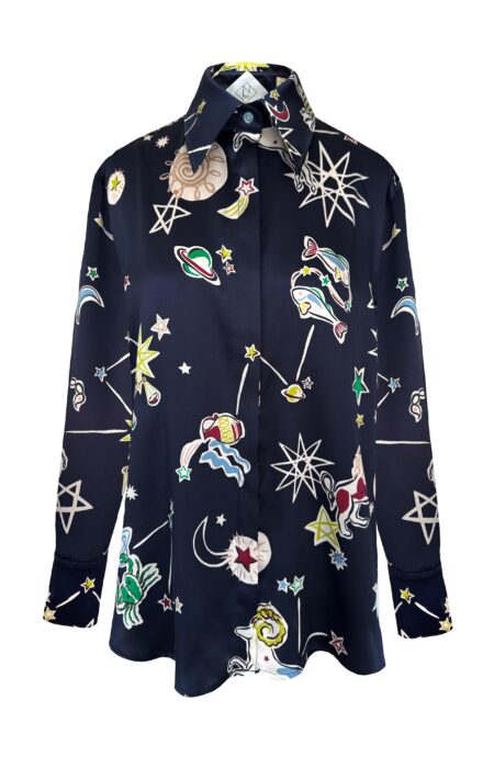 Hemdbluse aus Seide mit Sternzeichen Print dunkelblau