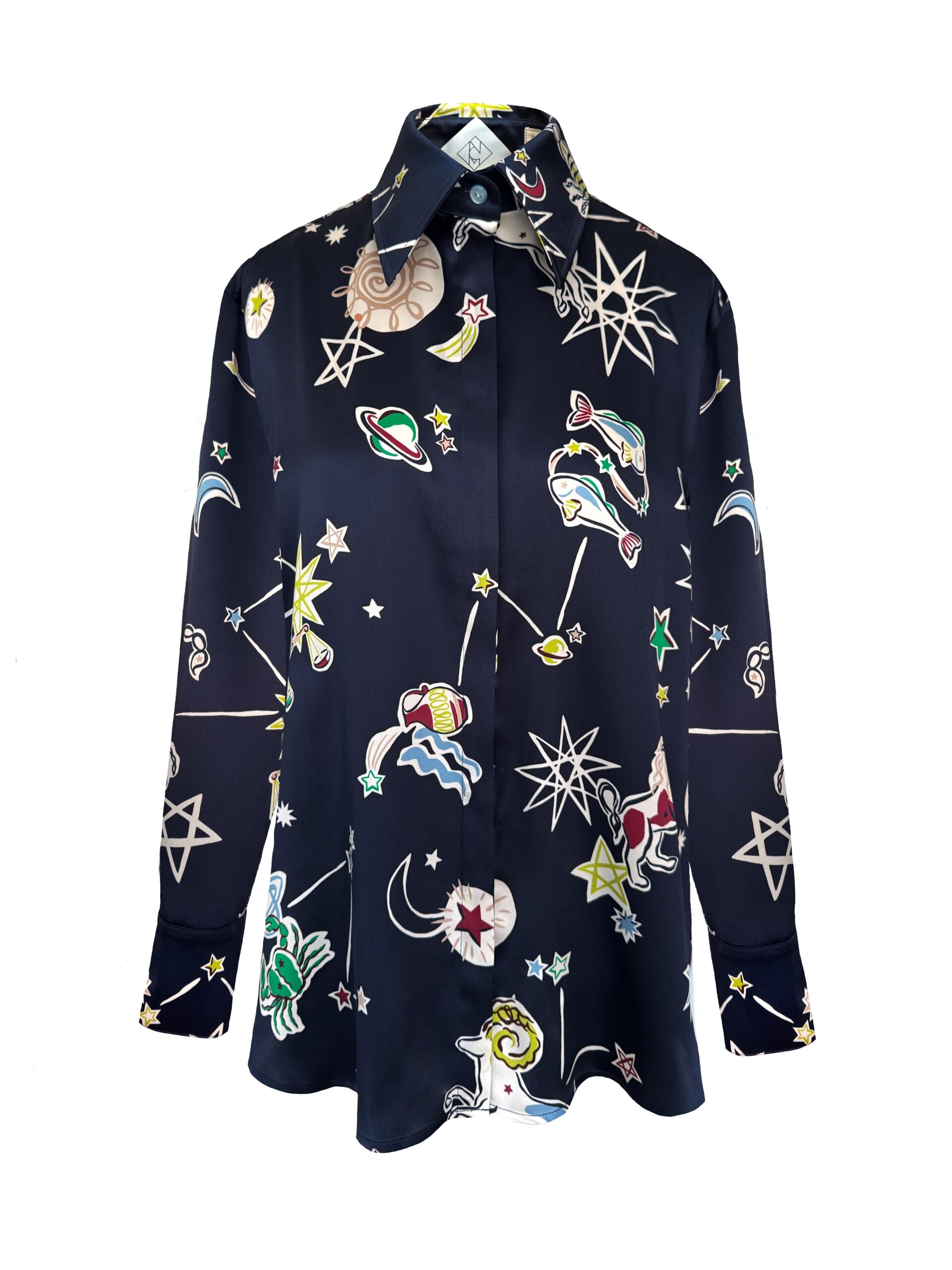 Hemdbluse aus Seide mit Sternzeichen Print dunkelblau