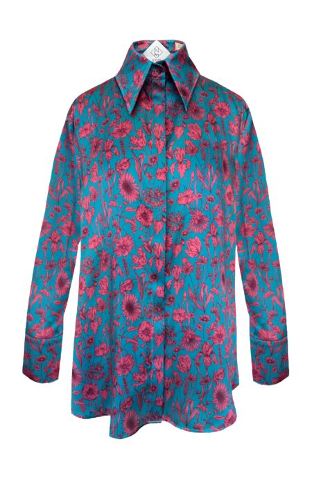 Seidenbluse mit Blütenmuster dunkelrot auf petrol oversized